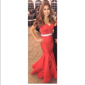 Red, off the shoulder evening gown